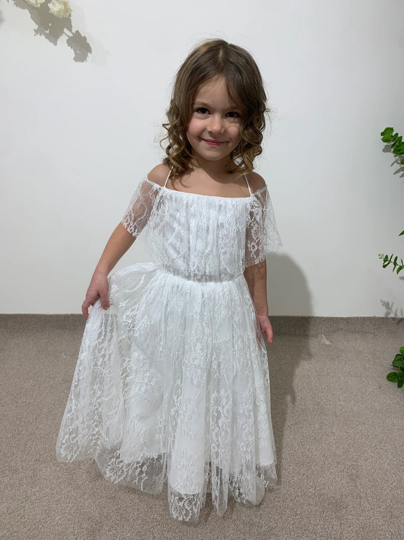 White Lace Princess Dress | Off-Shoulder Flower Girl Dress | Toddler Wedding Outfit | Christening Gown