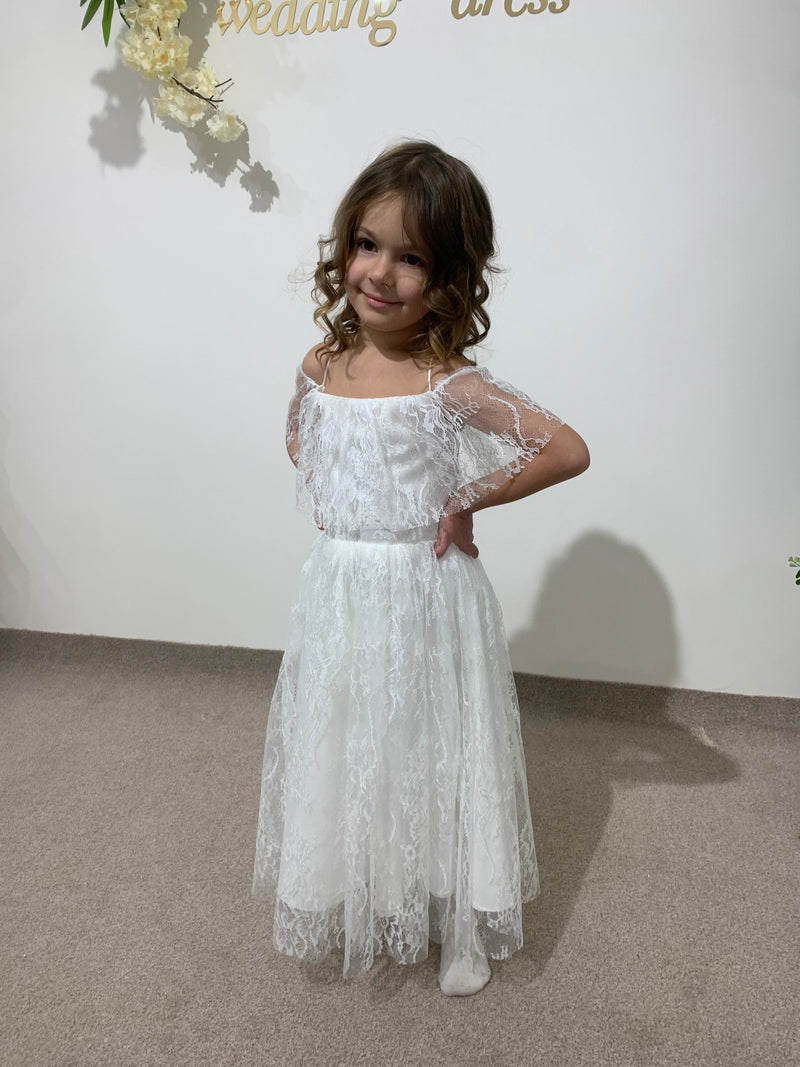 White Lace Princess Dress | Off-Shoulder Flower Girl Dress | Toddler Wedding Outfit | Christening Gown