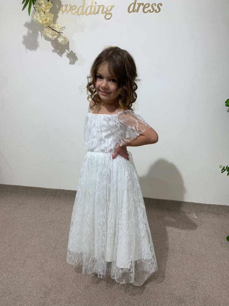 White Lace Princess Dress | Off-Shoulder Flower Girl Dress | Toddler Wedding Outfit | Christening Gown