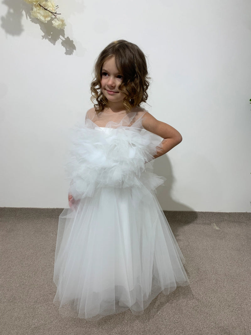 Toddler Wedding Outfit | White Lace Princess Dress | Off-Shoulder Flower Girl Dress | Christening or Party Gown