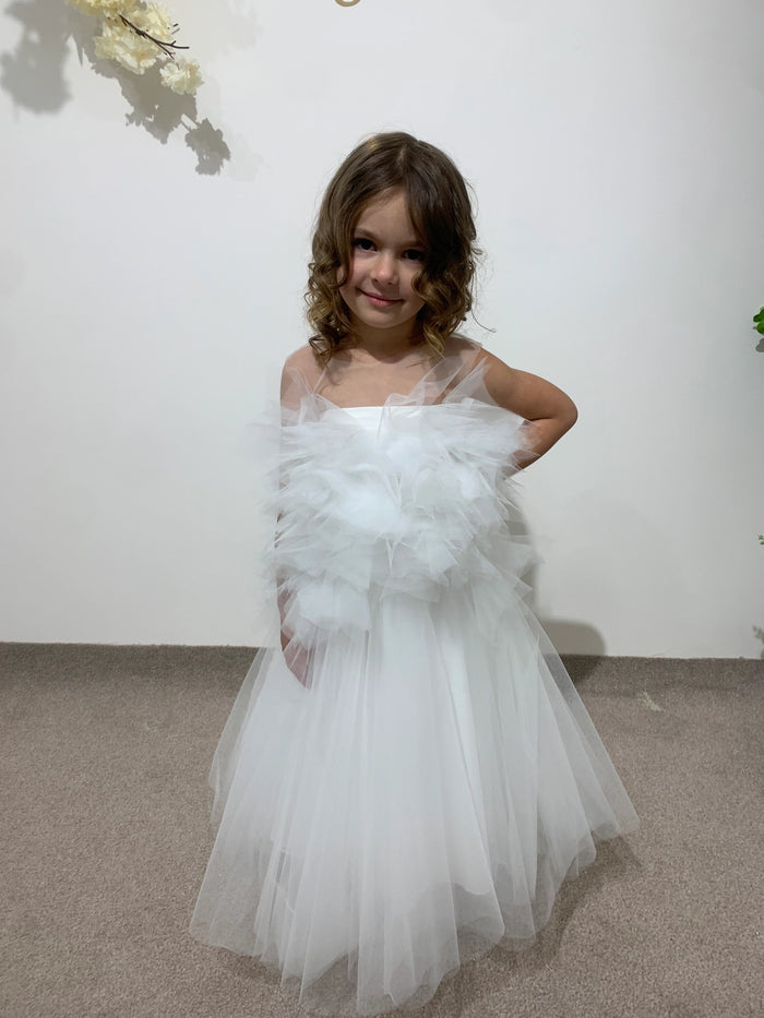 Toddler Wedding Outfit | White Lace Princess Dress | Off-Shoulder Flower Girl Dress | Christening or Party Gown