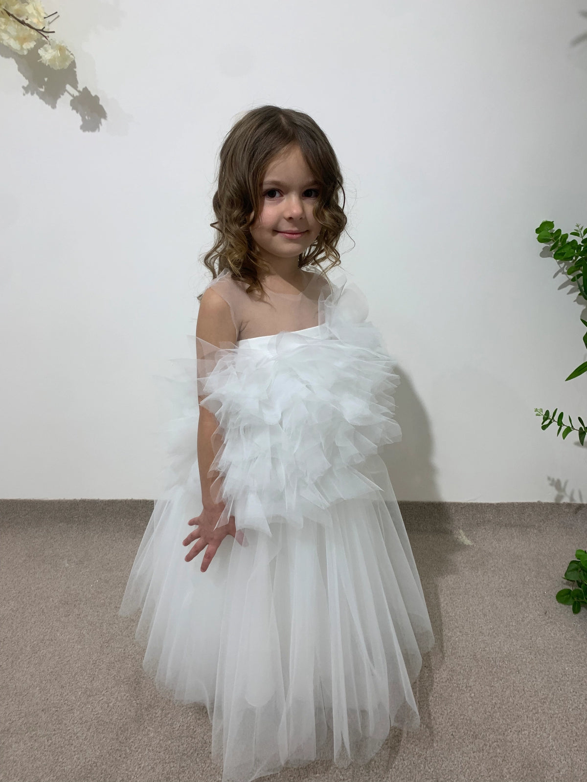 Toddler Wedding Outfit | White Lace Princess Dress | Off-Shoulder Flower Girl Dress | Christening or Party Gown