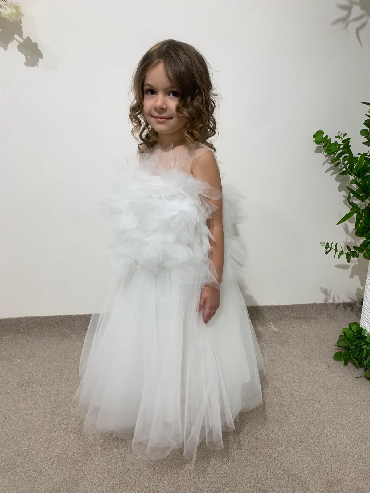 Toddler Wedding Outfit | White Lace Princess Dress | Off-Shoulder Flower Girl Dress | Christening or Party Gown