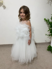 Toddler Wedding Outfit | White Lace Princess Dress | Off-Shoulder Flower Girl Dress | Christening or Party Gown
