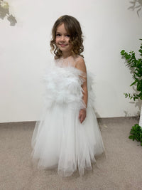 Toddler Wedding Outfit | White Lace Princess Dress | Off-Shoulder Flower Girl Dress | Christening or Party Gown