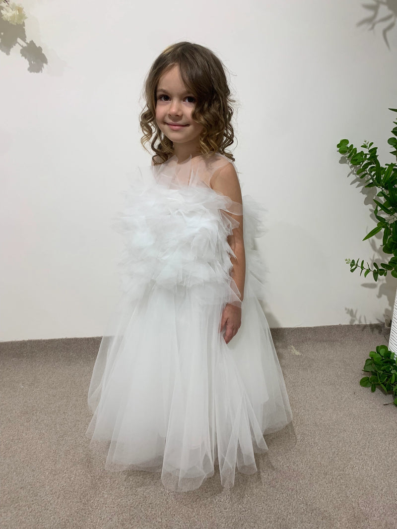 Toddler Wedding Outfit | White Lace Princess Dress | Off-Shoulder Flower Girl Dress | Christening or Party Gown