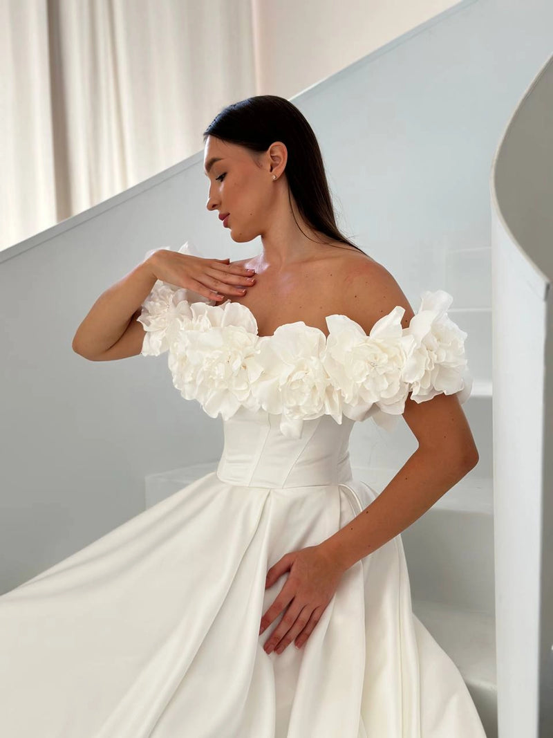 Elegant Satin Wedding Dress with Floral Details | Romantic Bridesmaid Attire