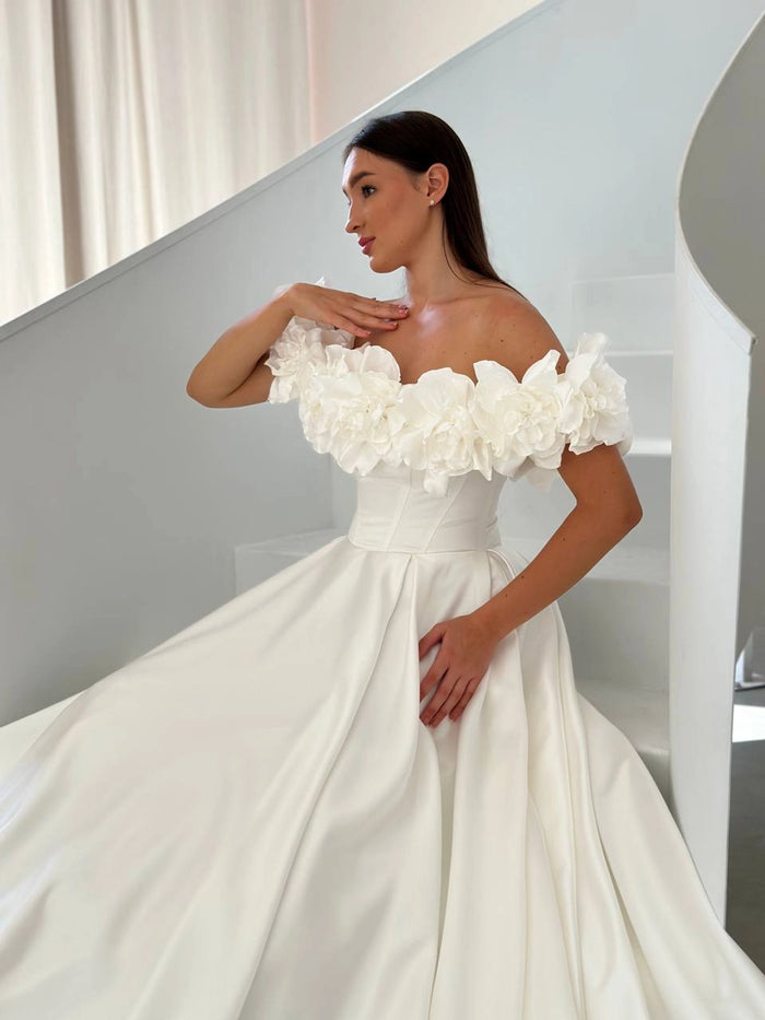 Elegant Satin Wedding Dress with Floral Details | Romantic Bridesmaid Attire