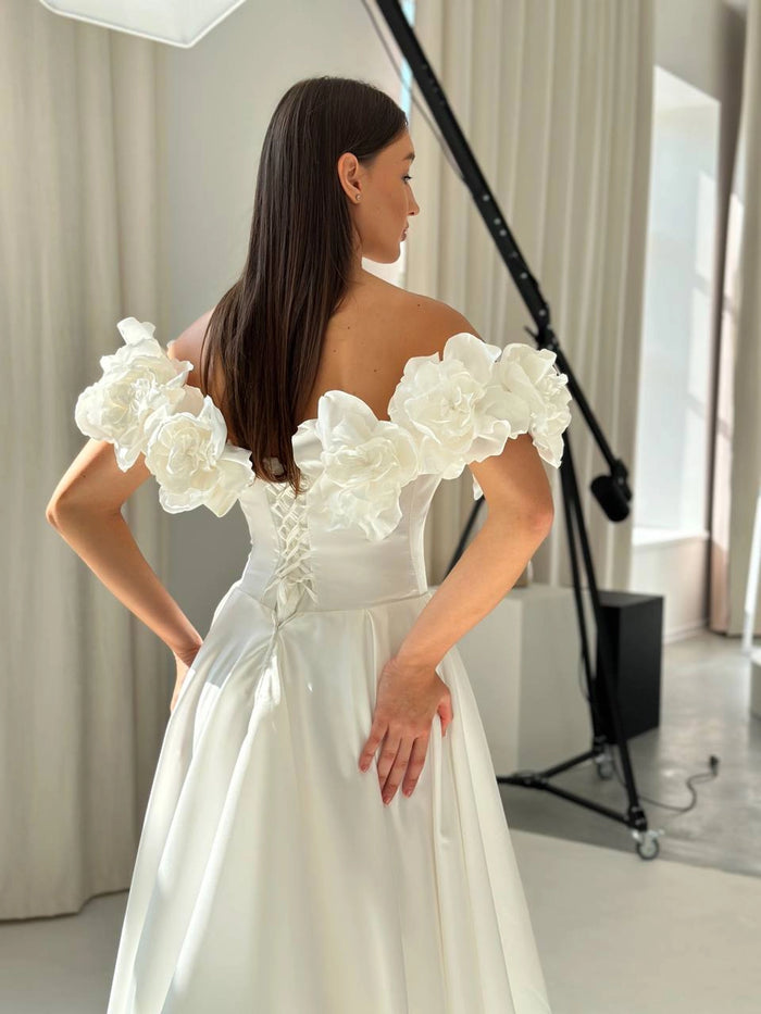 Elegant Satin Wedding Dress with Floral Details | Romantic Bridesmaid Attire