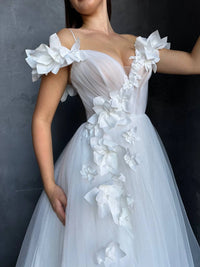 3D Floral Mesh Corset Wedding Dress | Open Shoulder | Deep V-Neckline | Romantic Bridal Gown