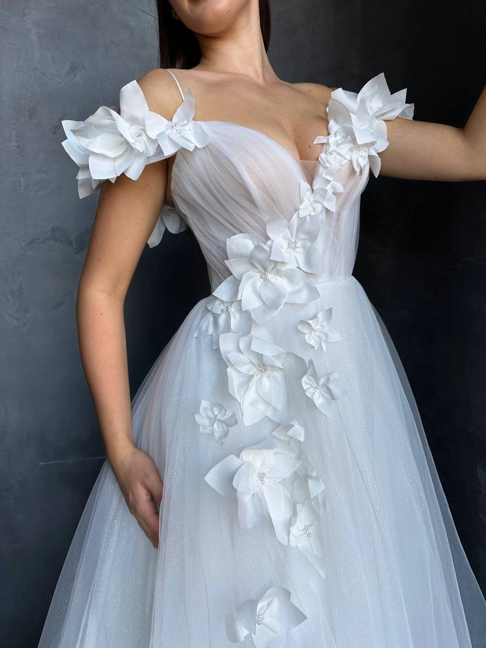 3D Floral Mesh Corset Wedding Dress | Open Shoulder | Deep V-Neckline | Romantic Bridal Gown