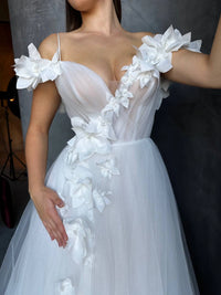 3D Floral Mesh Corset Wedding Dress | Open Shoulder | Deep V-Neckline | Romantic Bridal Gown