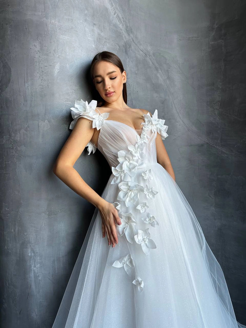 3D Floral Mesh Corset Wedding Dress | Open Shoulder | Deep V-Neckline | Romantic Bridal Gown