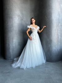 3D Floral Mesh Corset Wedding Dress | Open Shoulder | Deep V-Neckline | Romantic Bridal Gown