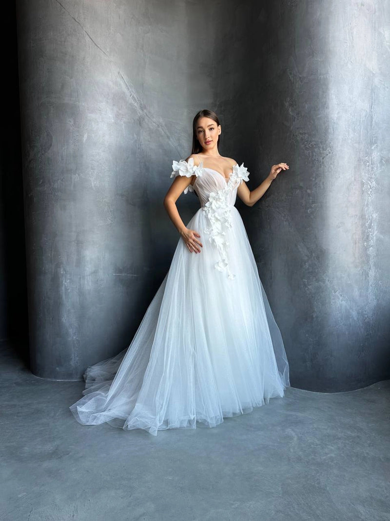 3D Floral Mesh Corset Wedding Dress | Open Shoulder | Deep V-Neckline | Romantic Bridal Gown