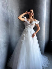 3D Floral Mesh Corset Wedding Dress | Open Shoulder | Deep V-Neckline | Romantic Bridal Gown