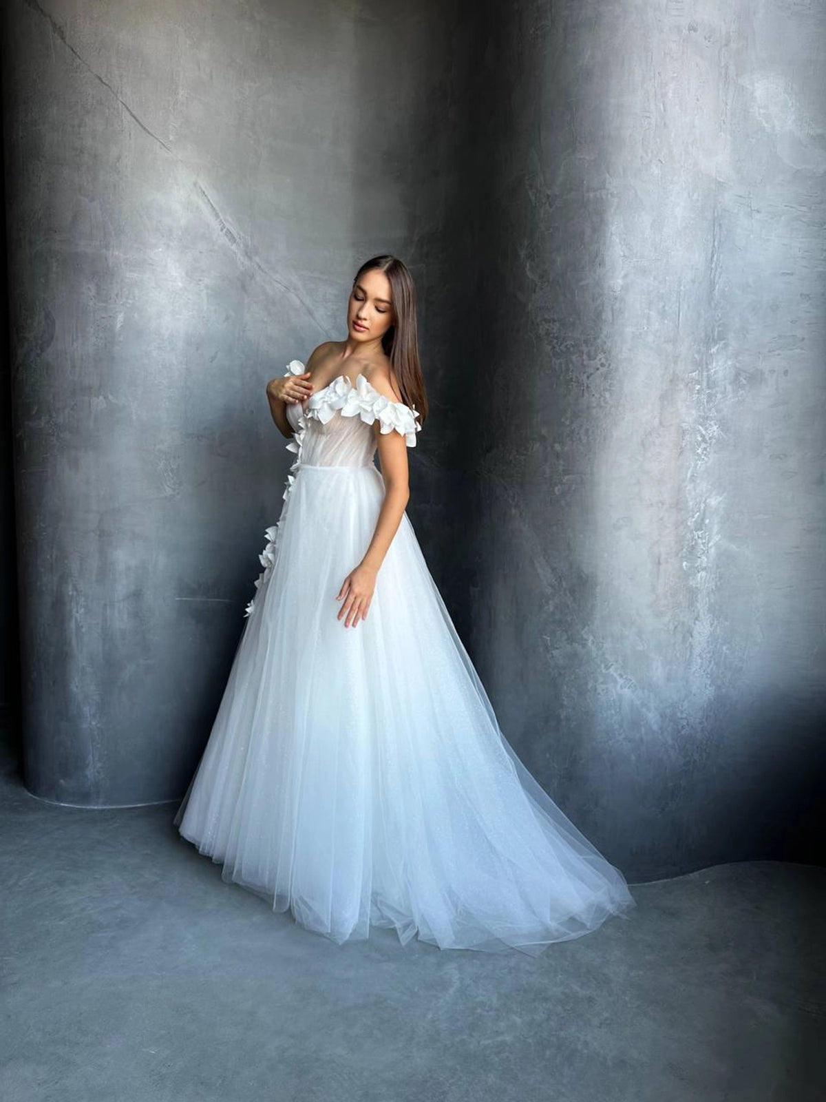 3D Floral Mesh Corset Wedding Dress | Open Shoulder | Deep V-Neckline | Romantic Bridal Gown