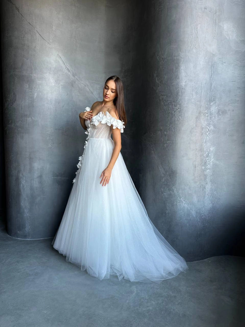 3D Floral Mesh Corset Wedding Dress | Open Shoulder | Deep V-Neckline | Romantic Bridal Gown
