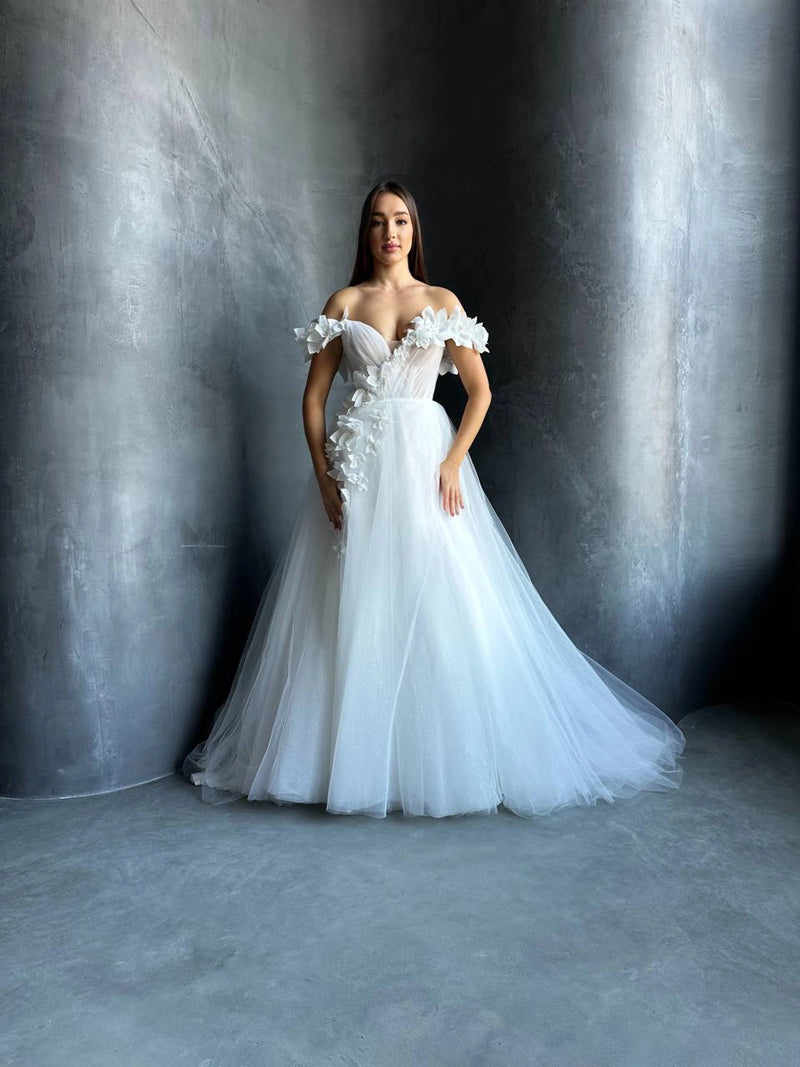 3D Floral Mesh Corset Wedding Dress | Open Shoulder | Deep V-Neckline | Romantic Bridal Gown