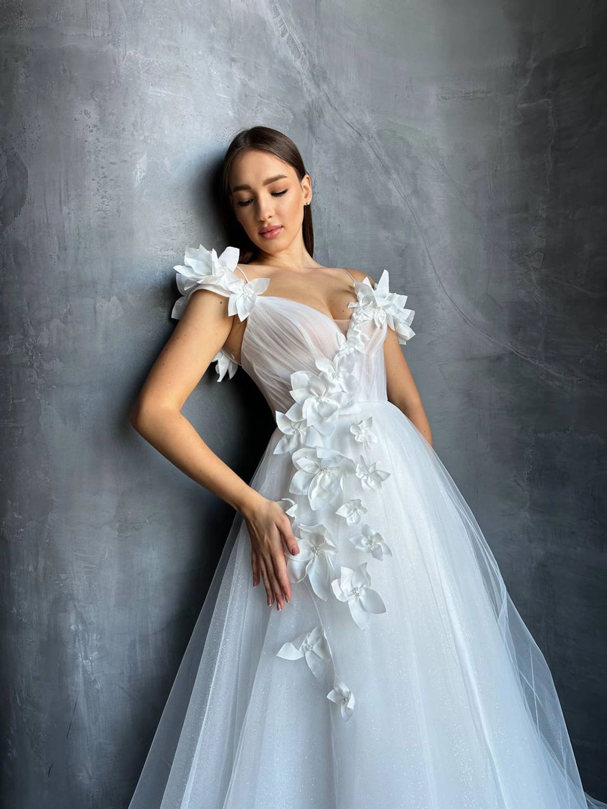 3D Floral Mesh Corset Wedding Dress | Open Shoulder | Deep V-Neckline | Romantic Bridal Gown