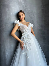 3D Floral Mesh Corset Wedding Dress | Open Shoulder | Deep V-Neckline | Romantic Bridal Gown