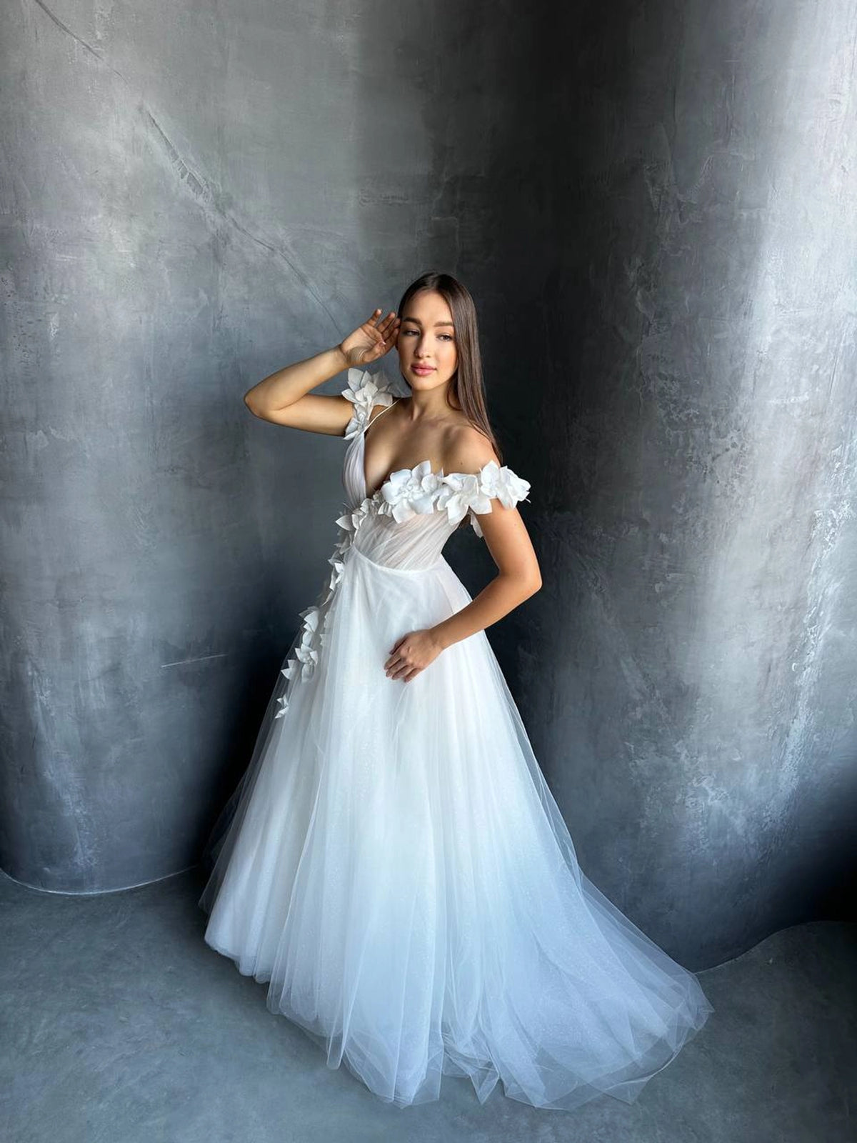 3D Floral Mesh Corset Wedding Dress | Open Shoulder | Deep V-Neckline | Romantic Bridal Gown
