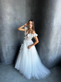 3D Floral Mesh Corset Wedding Dress | Open Shoulder | Deep V-Neckline | Romantic Bridal Gown