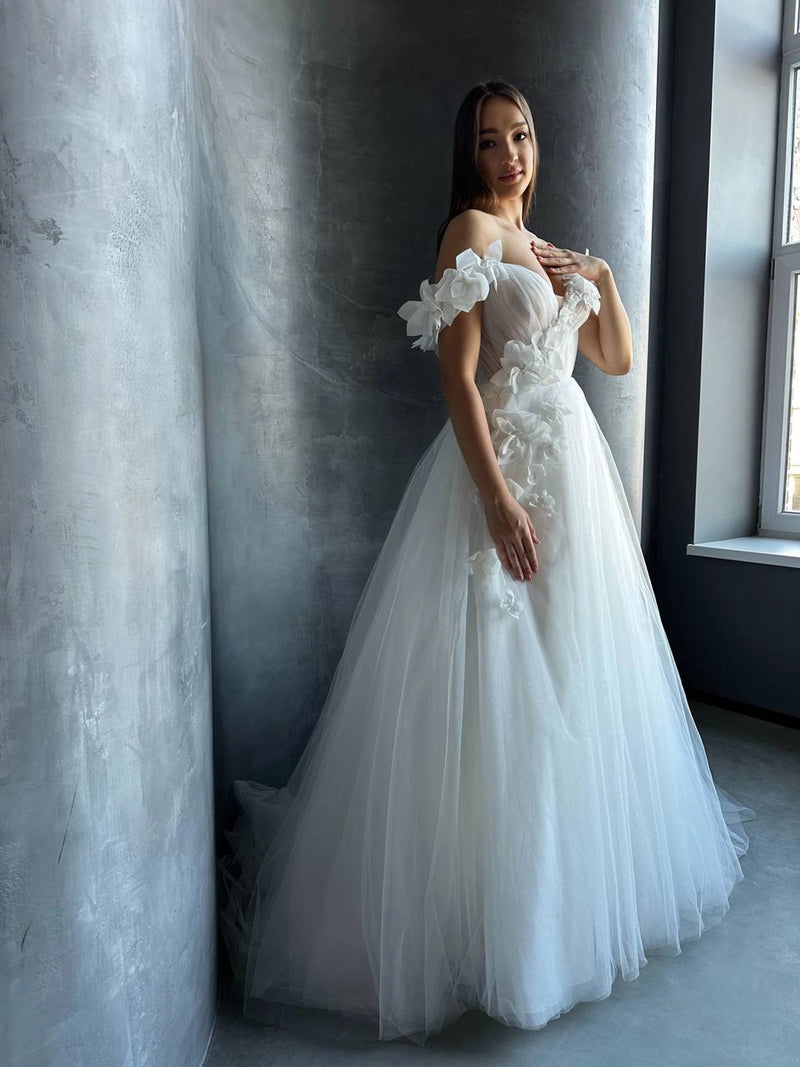 3D Floral Mesh Corset Wedding Dress | Open Shoulder | Deep V-Neckline | Romantic Bridal Gown