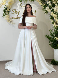 Elegant Formal Satin Wedding Gown with Slit | Off-Shoulder Classic Dress | Pearl-Embellished Long Sleeves | Off-White Corset Garden Dress