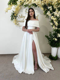 Elegant Formal Satin Wedding Gown with Slit | Off-Shoulder Classic Dress | Pearl-Embellished Long Sleeves | Off-White Corset Garden Dress