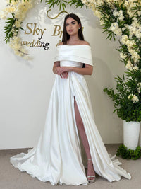 Elegant Formal Satin Wedding Gown with Slit | Off-Shoulder Classic Dress | Pearl-Embellished Long Sleeves | Off-White Corset Garden Dress