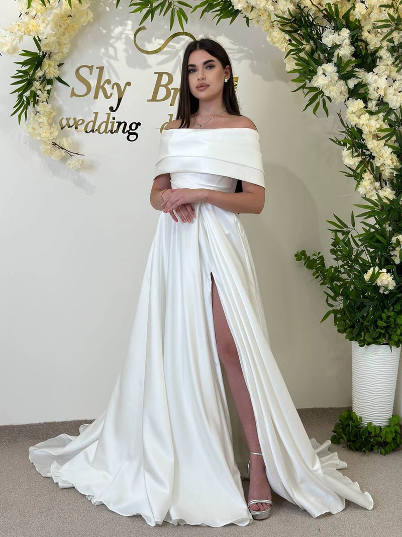 Elegant Formal Satin Wedding Gown with Slit | Off-Shoulder Classic Dress | Pearl-Embellished Long Sleeves | Off-White Corset Garden Dress