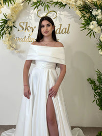 Elegant Formal Satin Wedding Gown with Slit | Off-Shoulder Classic Dress | Pearl-Embellished Long Sleeves | Off-White Corset Garden Dress