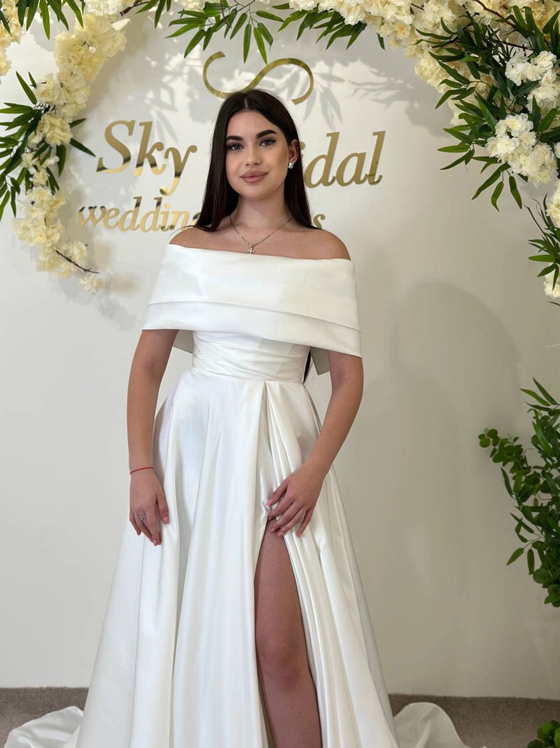 Elegant Formal Satin Wedding Gown with Slit | Off-Shoulder Classic Dress | Pearl-Embellished Long Sleeves | Off-White Corset Garden Dress