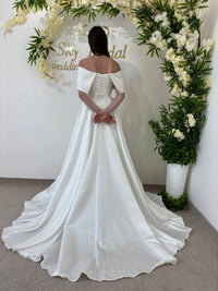 Elegant Formal Satin Wedding Gown with Slit | Off-Shoulder Classic Dress | Pearl-Embellished Long Sleeves | Off-White Corset Garden Dress