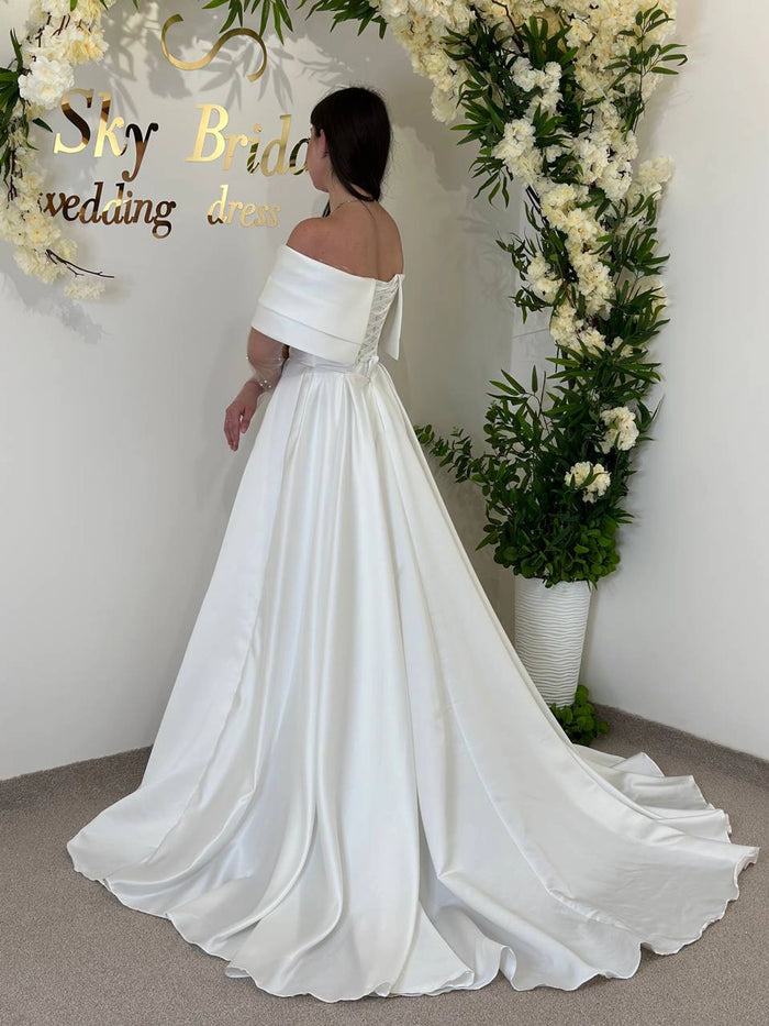 Elegant Formal Satin Wedding Gown with Slit | Off-Shoulder Classic Dress | Pearl-Embellished Long Sleeves | Off-White Corset Garden Dress