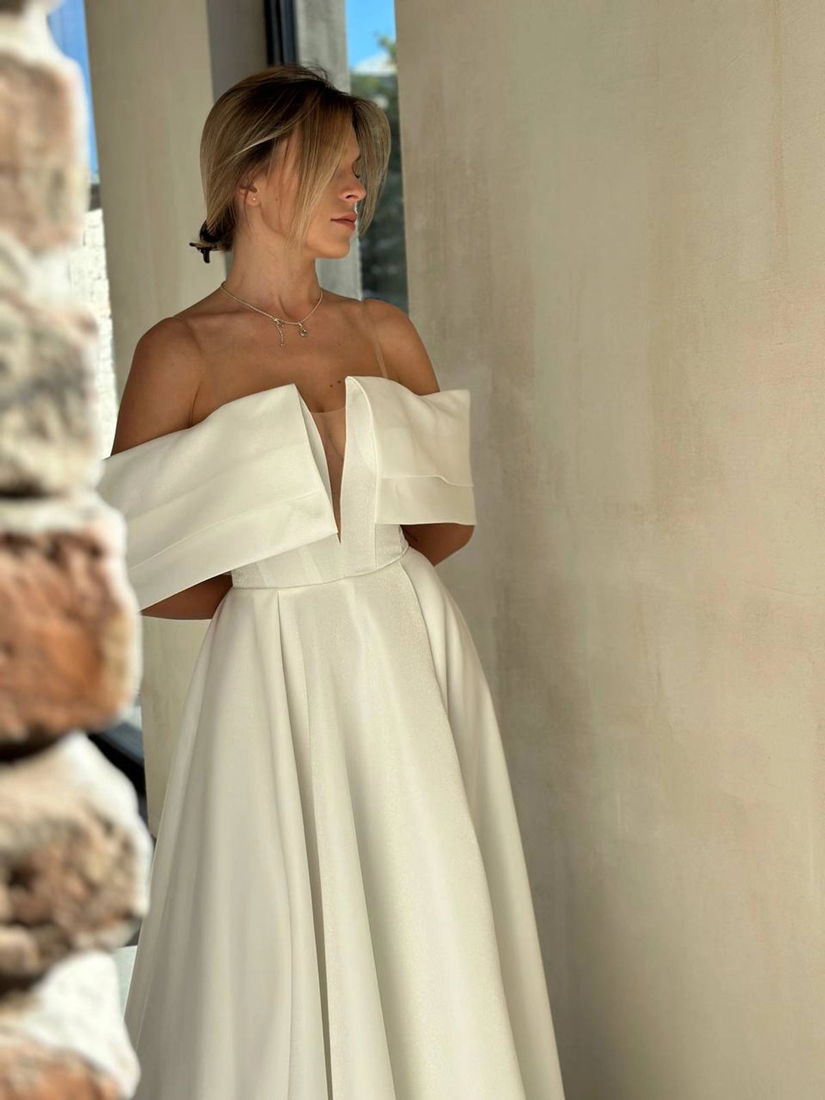 Architectural Wedding Dress with Draped Collar | Voluminous Skirt | Deep Neckline Bodice
