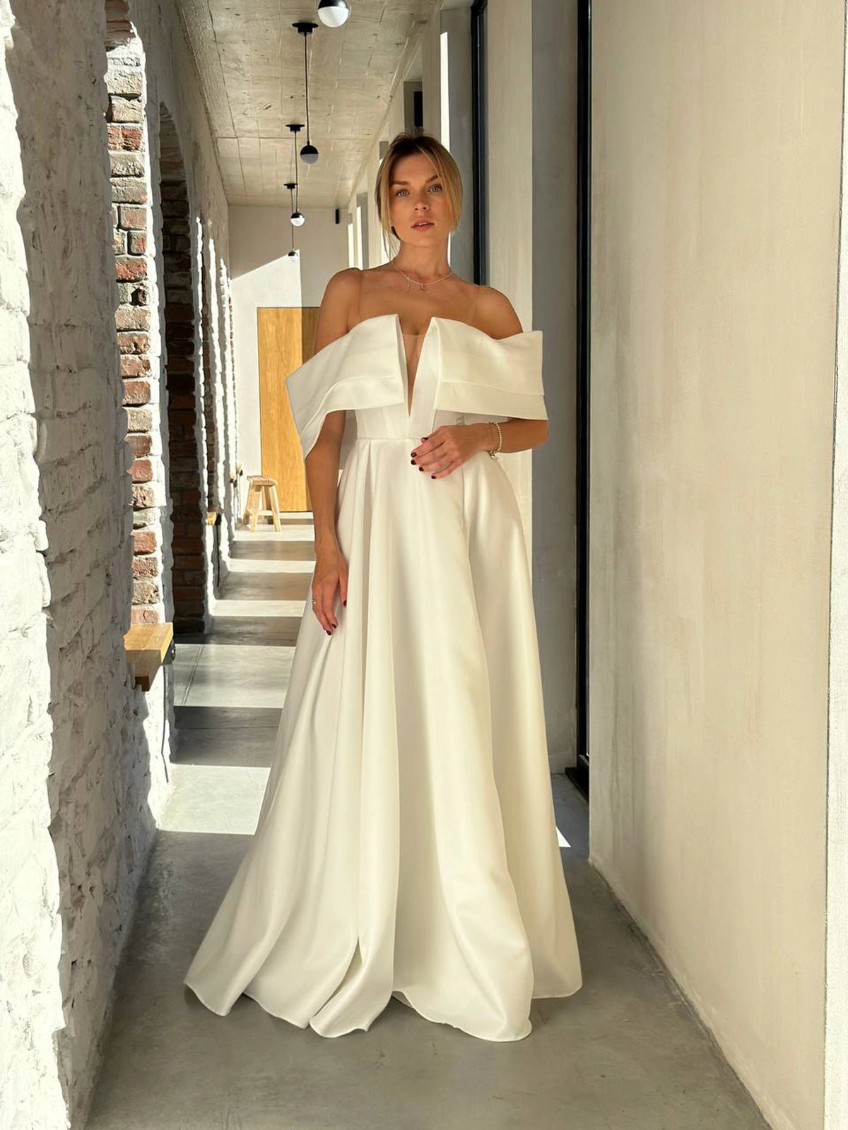 Architectural Wedding Dress with Draped Collar | Voluminous Skirt | Deep Neckline Bodice