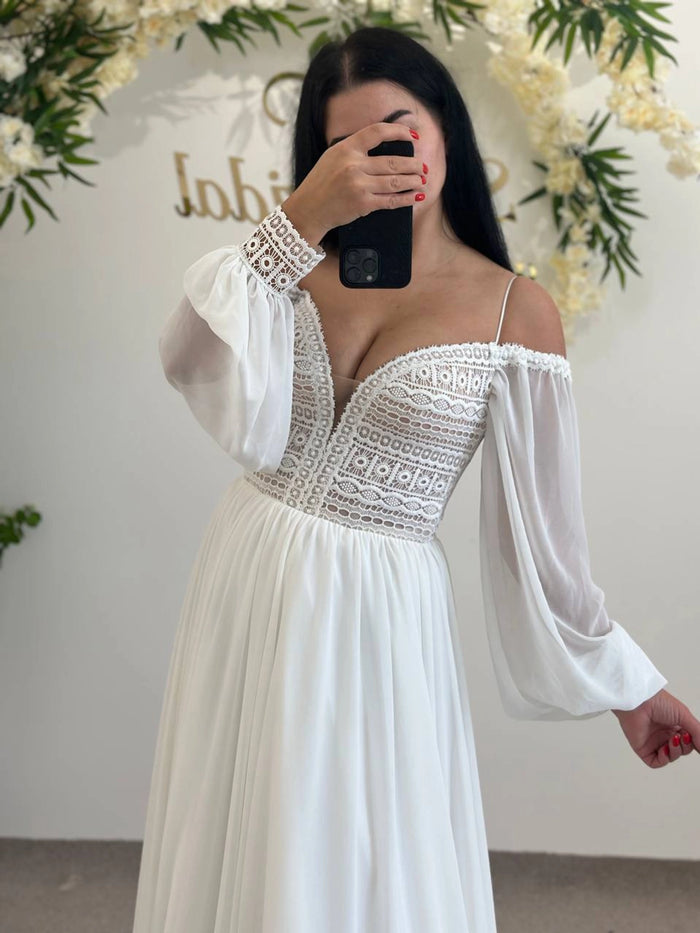 Geometric Lace Deep V-Neck Wedding Dress | Elegant A-Line Skirt