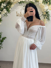Geometric Lace Deep V-Neck Wedding Dress | Elegant A-Line Skirt