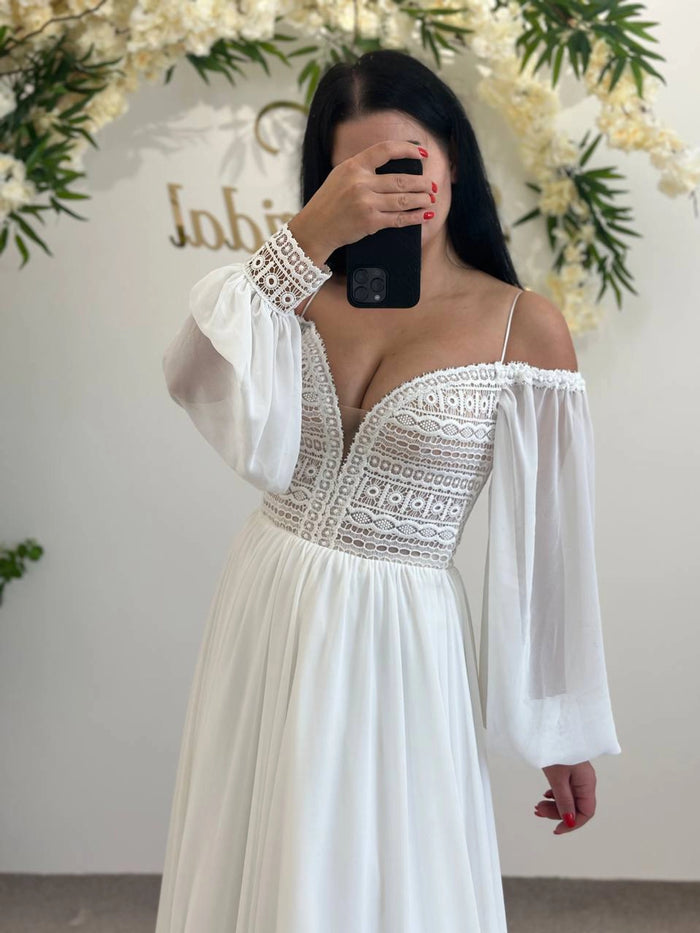 Geometric Lace Deep V-Neck Wedding Dress | Elegant A-Line Skirt
