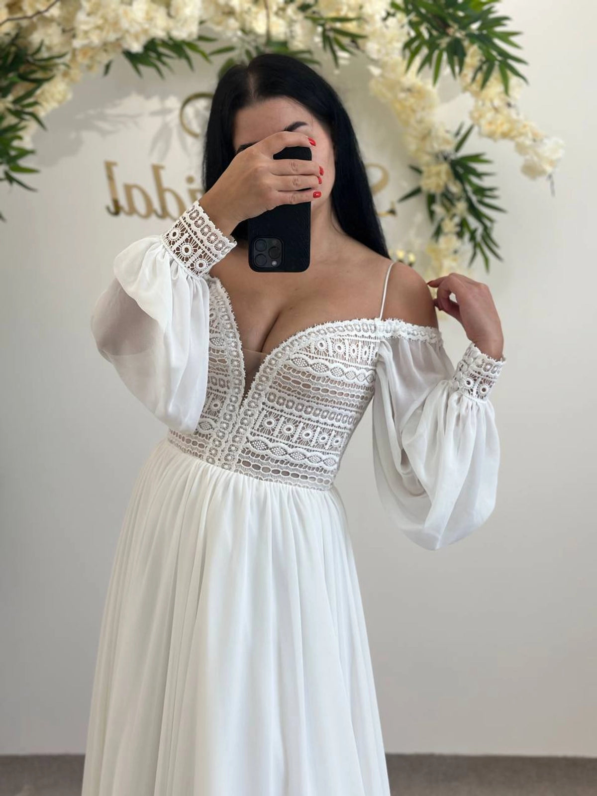 Geometric Lace Deep V-Neck Wedding Dress | Elegant A-Line Skirt