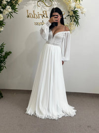 Geometric Lace Deep V-Neck Wedding Dress | Elegant A-Line Skirt