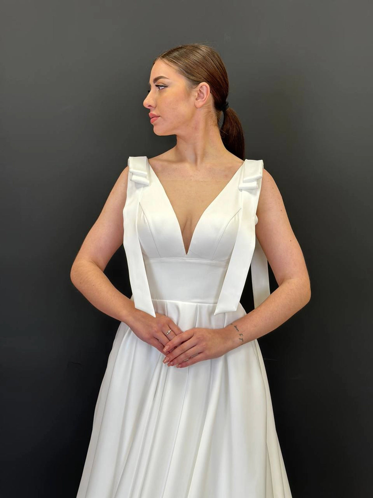 Royal Satin Wedding Dress with Train | Shoulder Bow Details | Elegant Minimalist Bridal Gown