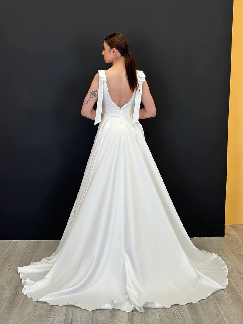Royal Satin Wedding Dress with Train | Shoulder Bow Details | Elegant Minimalist Bridal Gown