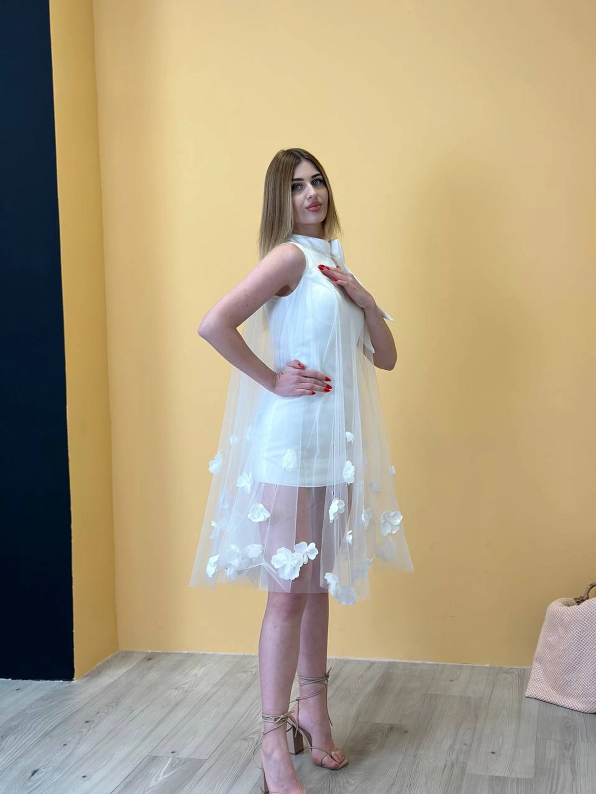 Short White Wedding Dress with Floral Tulle Overlay | Modern Bridal Reception Dress | Elegant Mini Dress with Neck Bow
