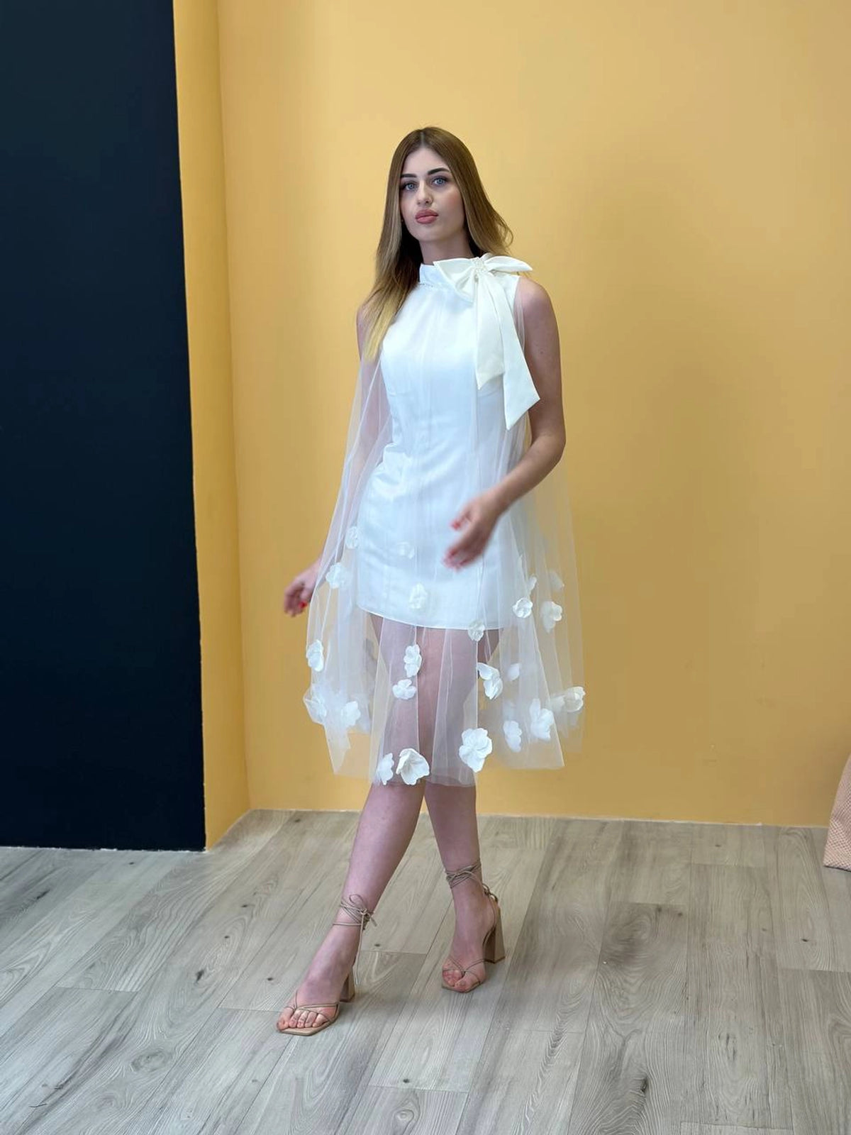 Short White Wedding Dress with Floral Tulle Overlay | Modern Bridal Reception Dress | Elegant Mini Dress with Neck Bow