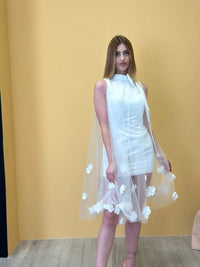 Short White Wedding Dress with Floral Tulle Overlay | Modern Bridal Reception Dress | Elegant Mini Dress with Neck Bow