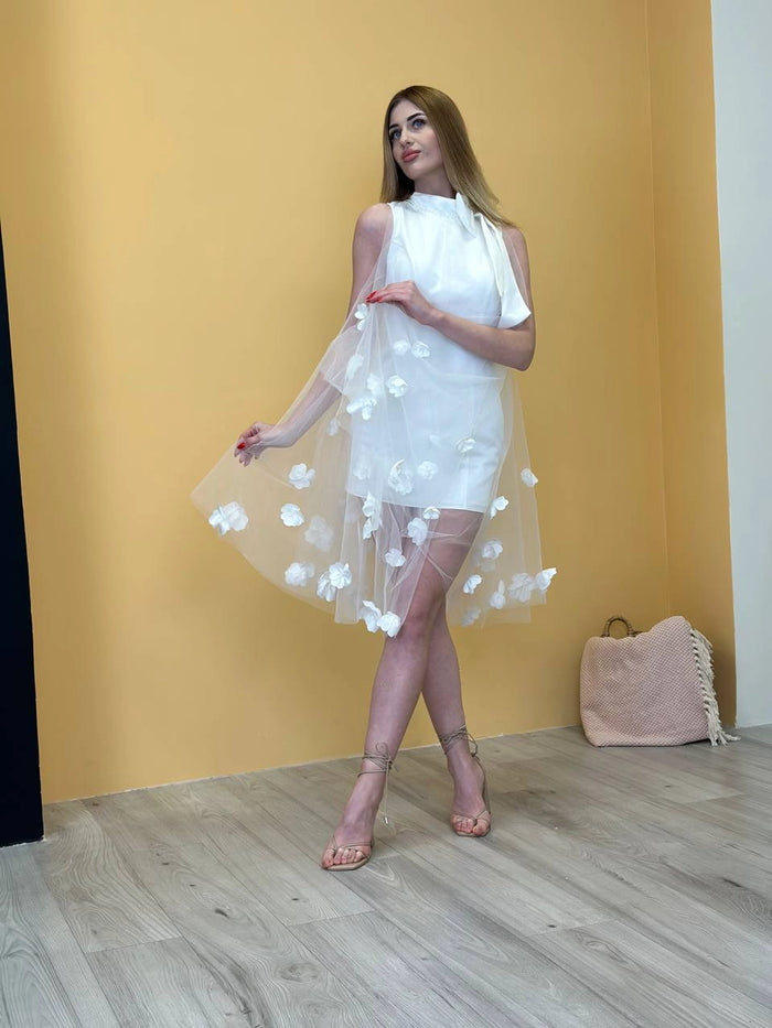 Short White Wedding Dress with Floral Tulle Overlay | Modern Bridal Reception Dress | Elegant Mini Dress with Neck Bow