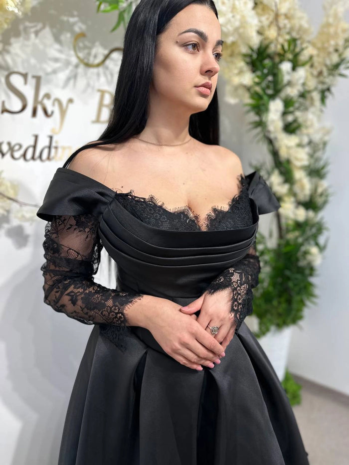 Black Wedding Dress with Fairytale Lace Corset | Satin Reception Gown | Boho Bridal Attire
